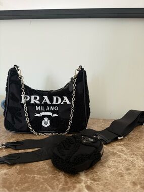 Prada Black Logo Shoulder Bag with Chain and Strap